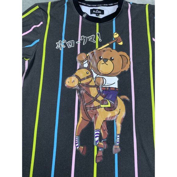 R.SINE Shirt Men Large Black Striped Bear Polo Graphic Tee Streetwear Casual Y2K - Picture 8 of 11